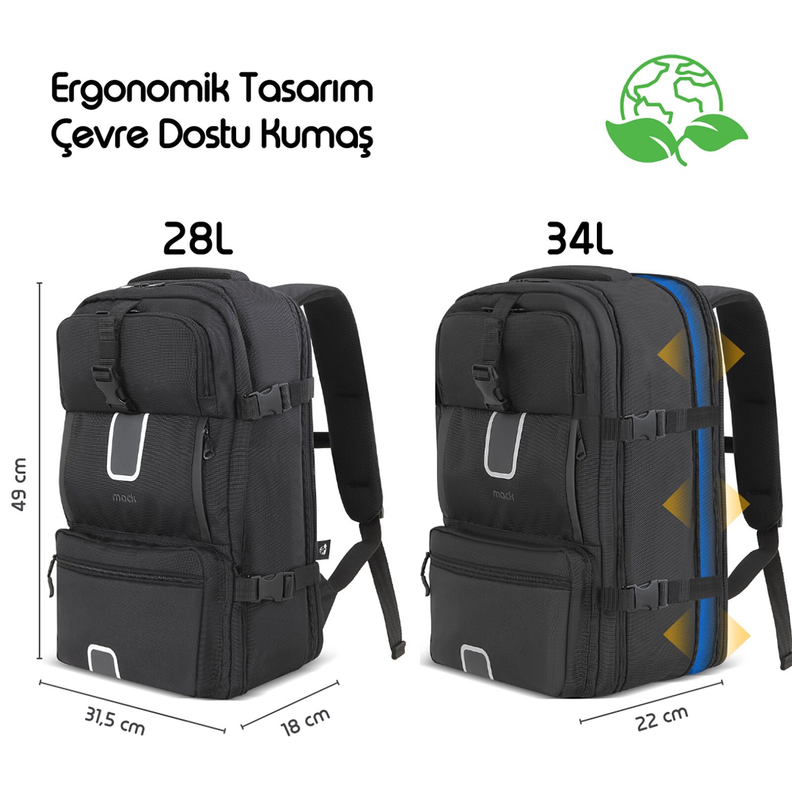 MACK MCE 1205 17.3 EXPLOR 28 Litre Eco Seyahat Sirt Cantasi Siyah 1