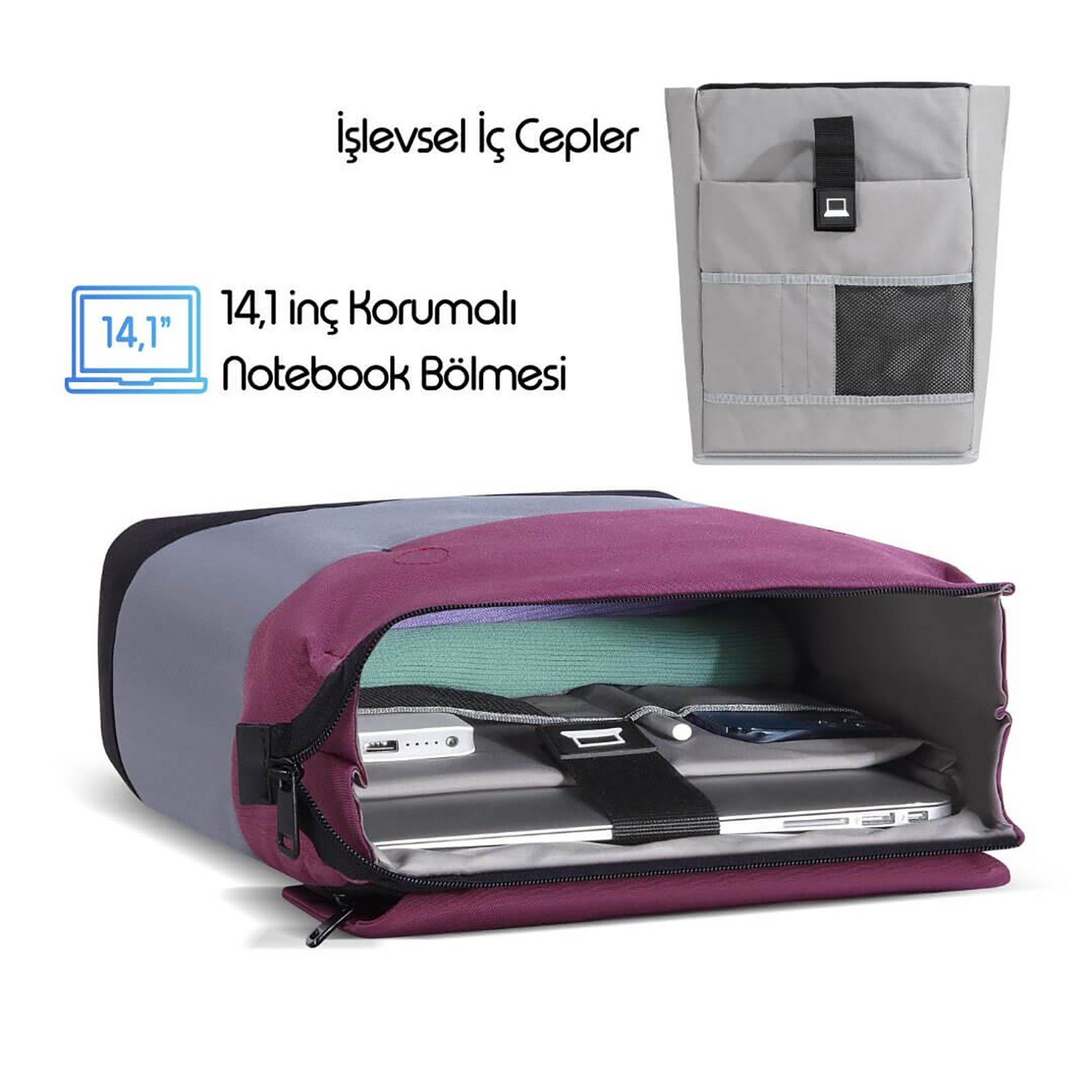 MACK MCE 1303 14.1 ZEN Eco Gunluk Sirt Cantasi Bordo Gri 2