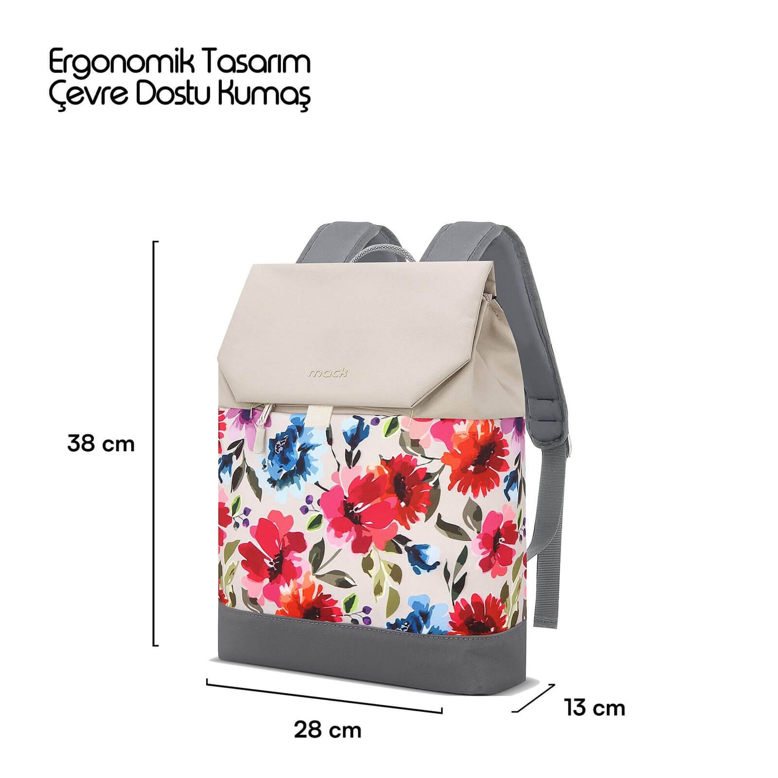 MACK MCE 1306 14.1 ZEN Eco Gunluk Sirt Cantasi Bej Cicekli 1