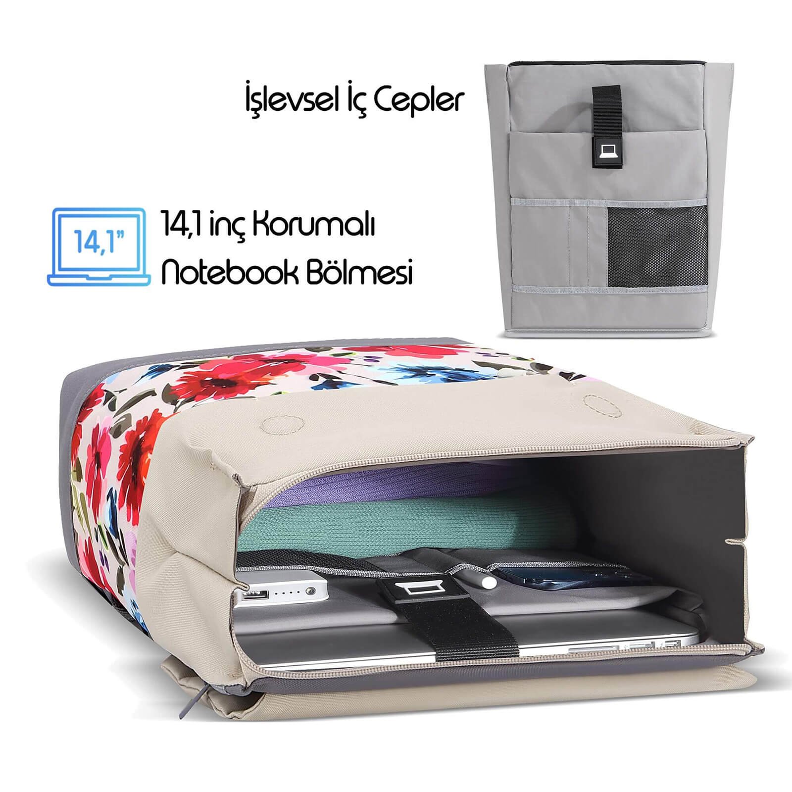 MACK MCE 1306 14.1 ZEN Eco Gunluk Sirt Cantasi Bej Cicekli 2